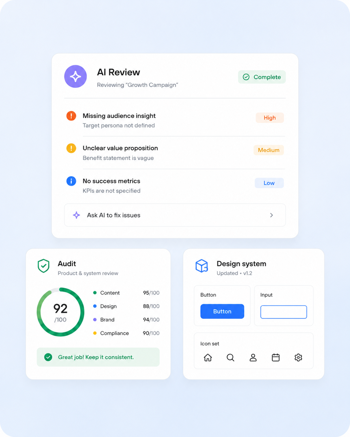 Spring product interface showing AI agents reviewing, auditing, and creating agency deliverables