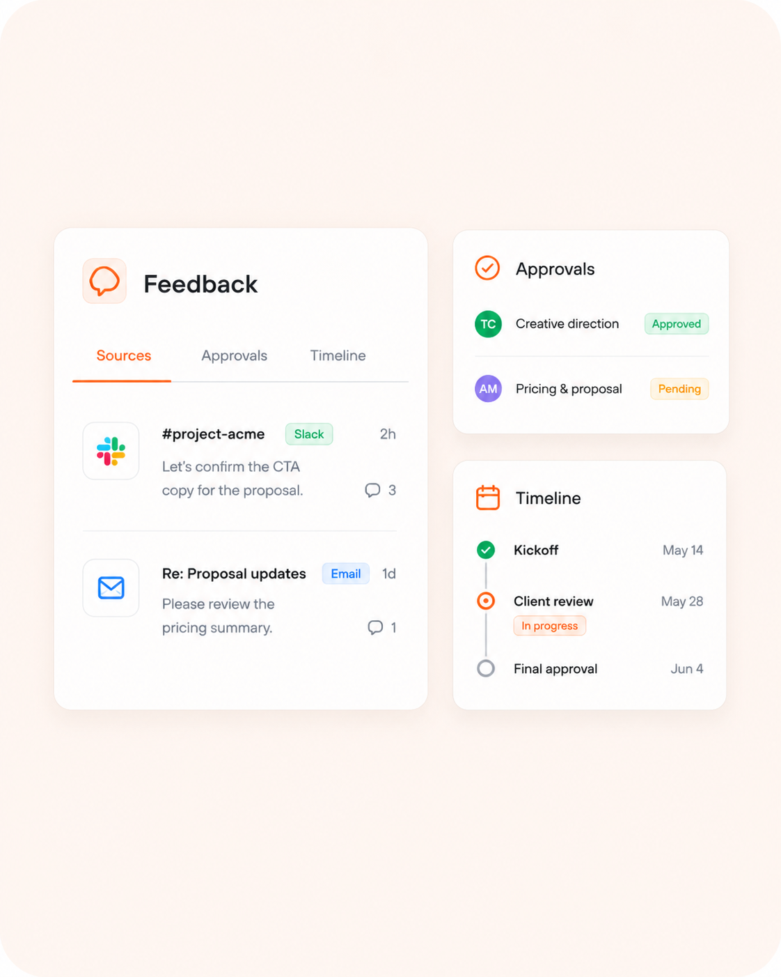 Spring product interface showing feedback, timelines, approvals, open questions, and conflict resolution