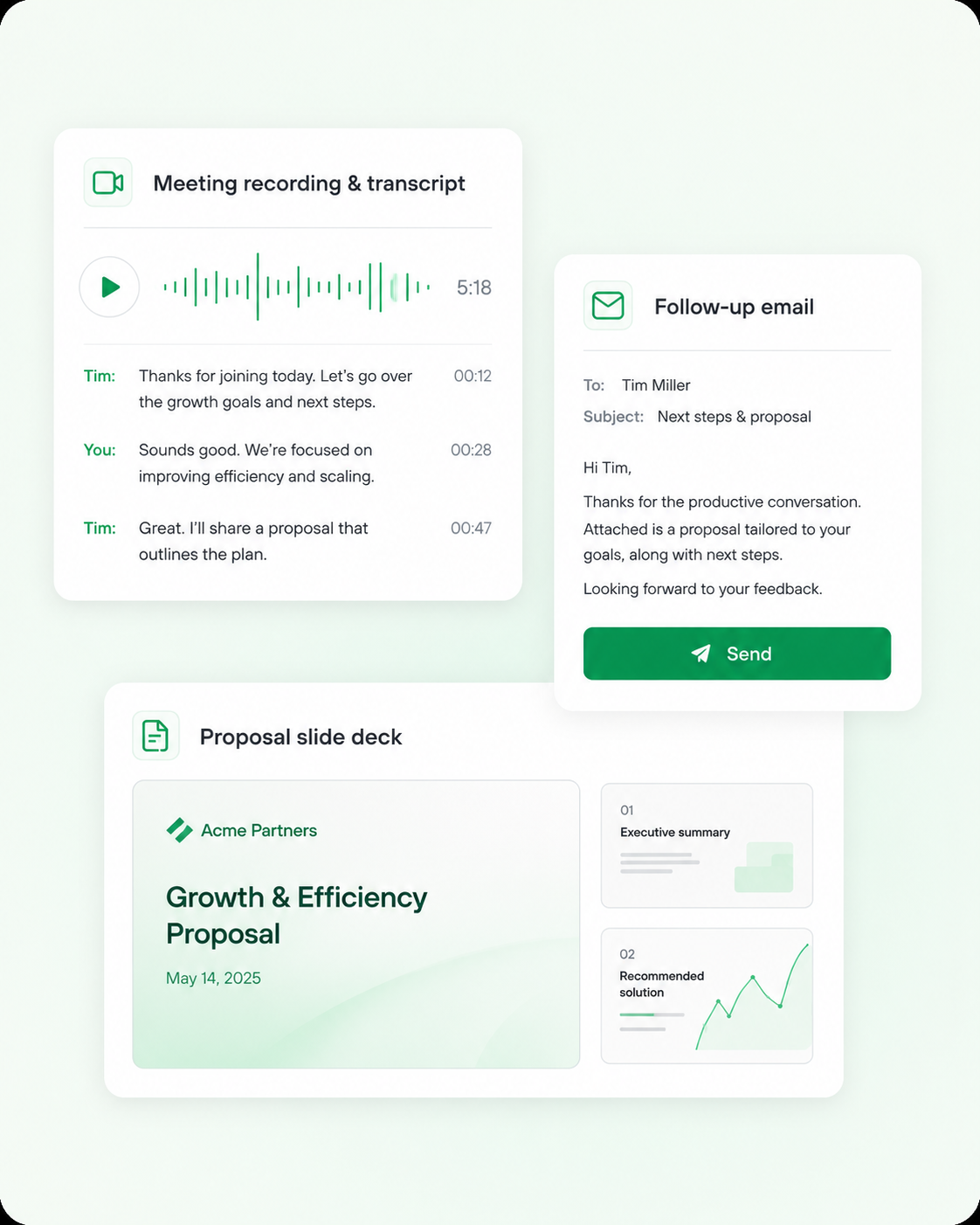 Spring product interface showing meeting notes, scheduling, CRM updates, follow-up, and presentations